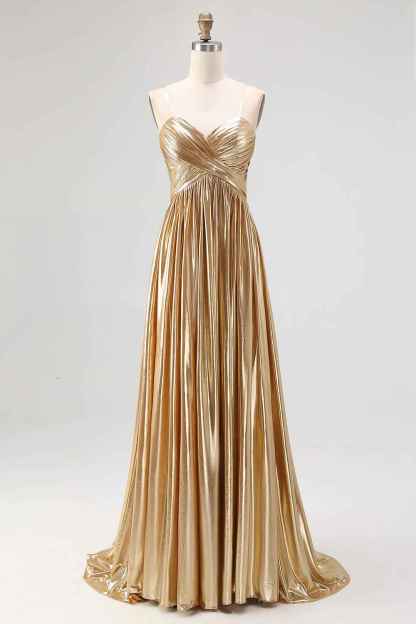 Chic Gold Metallic Satin Deep V Neck Pleated A Line Long Prom Dress