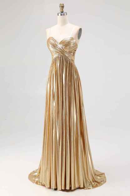 Chic Gold Metallic Satin Deep V Neck Pleated A Line Long Prom Dress