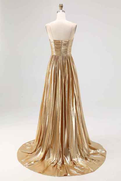 Chic Gold Metallic Satin Deep V Neck Pleated A Line Long Prom Dress