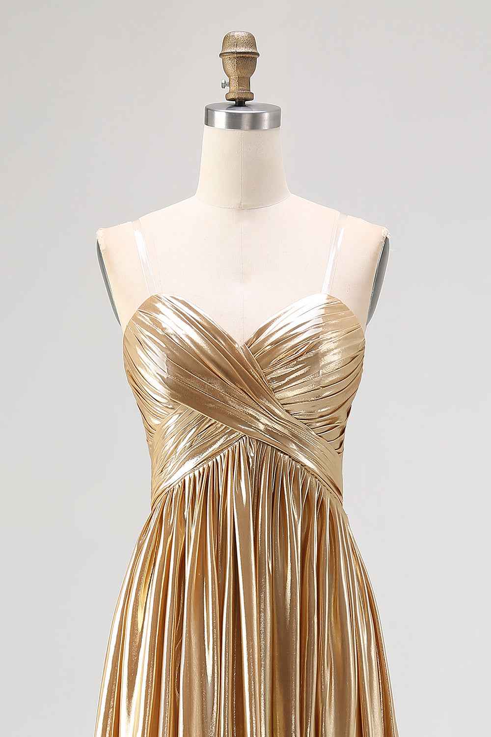 Chic Gold Metallic Satin Deep V Neck Pleated A Line Long Prom Dress