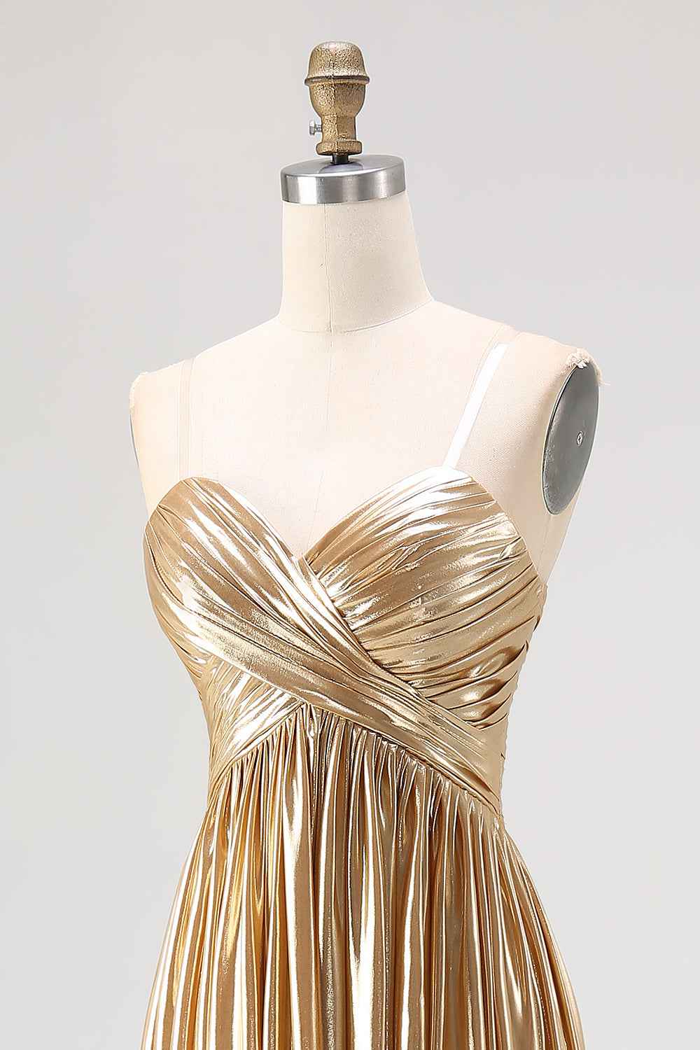 Chic Gold Metallic Satin Deep V Neck Pleated A Line Long Prom Dress