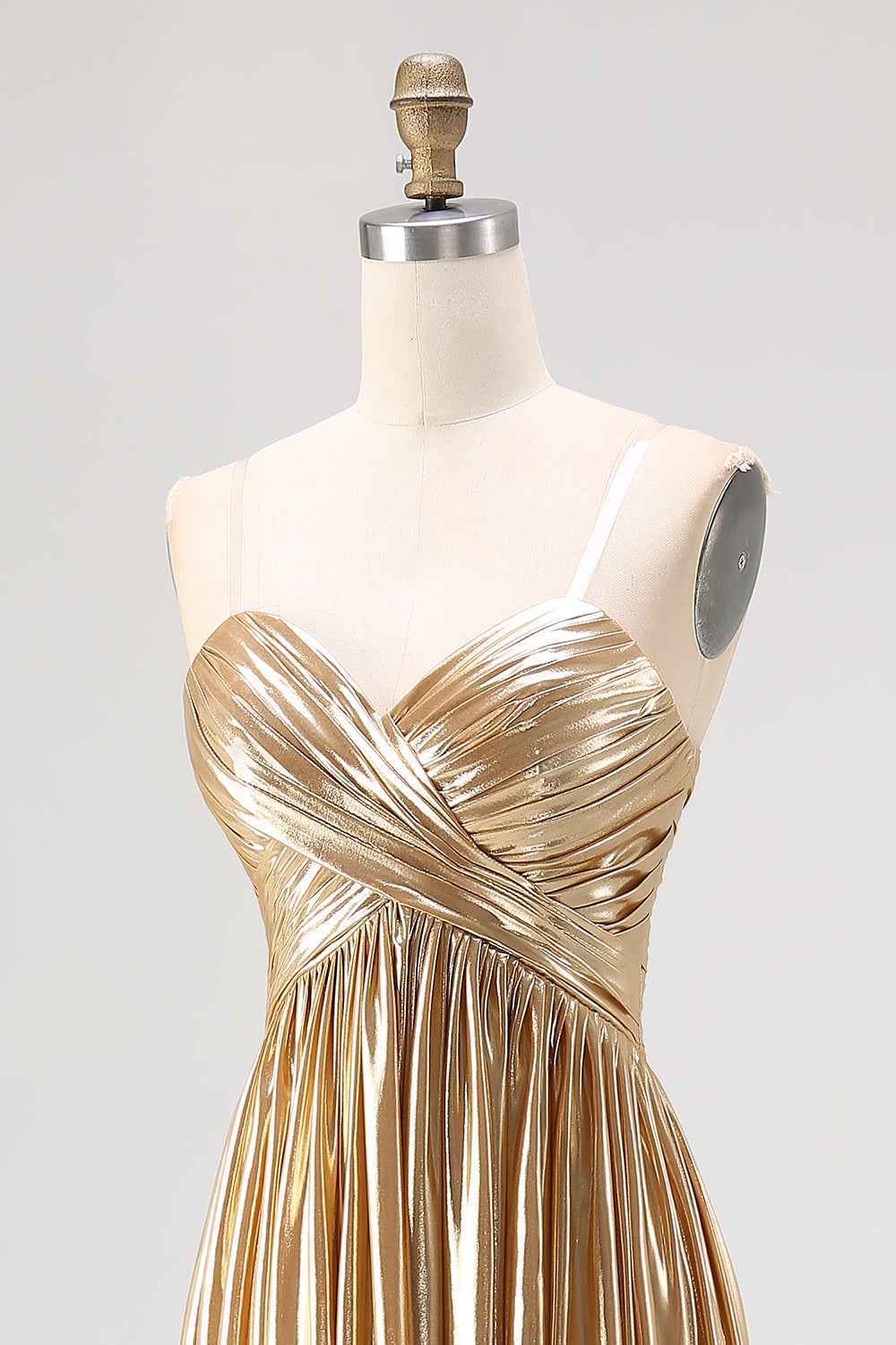 Chic Gold Metallic Satin Deep V Neck Pleated A Line Long Prom Dress