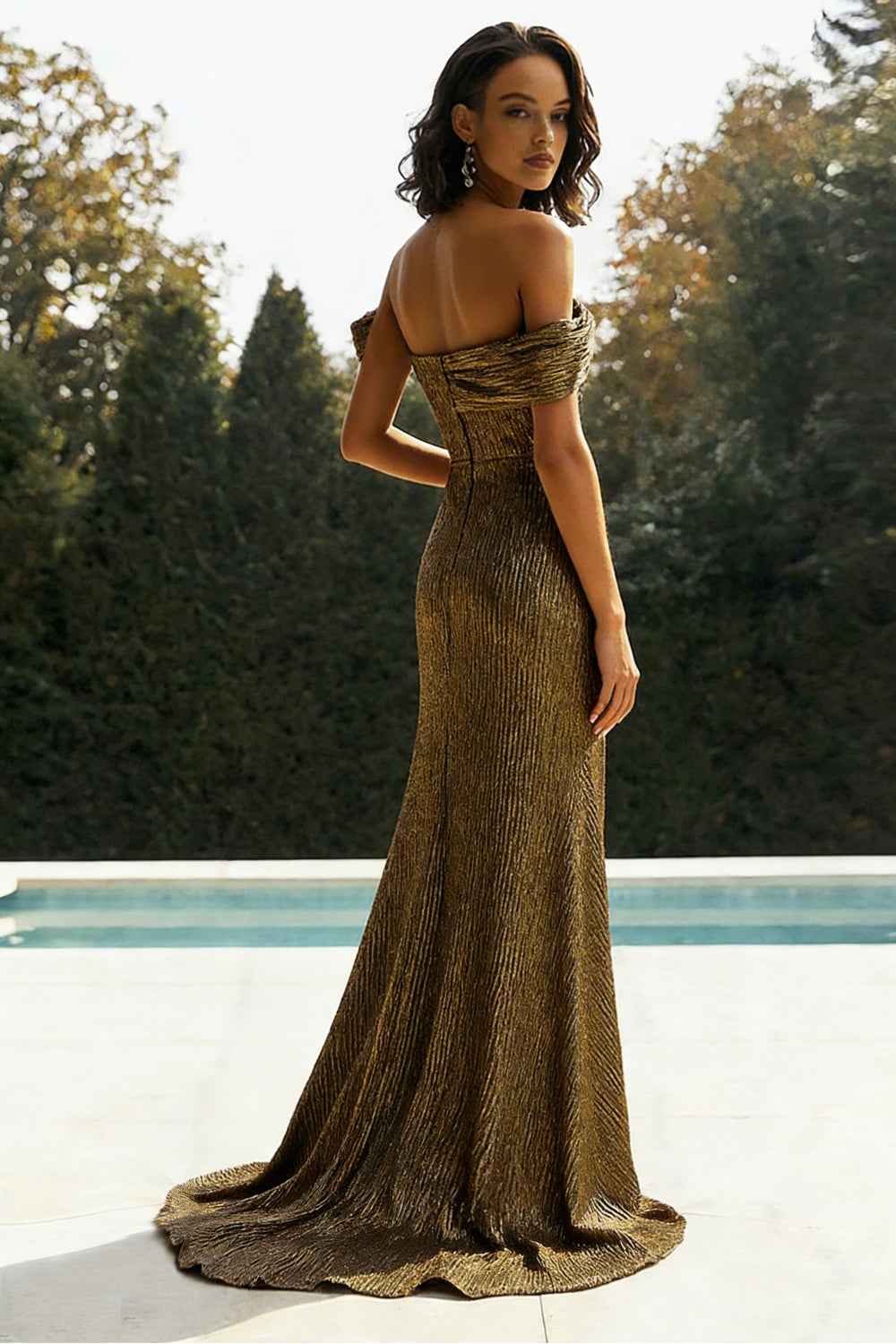 Sparkly Golden Mermaid One Shoulder Pleated Long Prom Dress with Slit