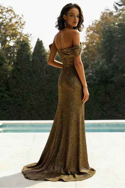 Sparkly Golden Mermaid One Shoulder Pleated Long Prom Dress with Slit