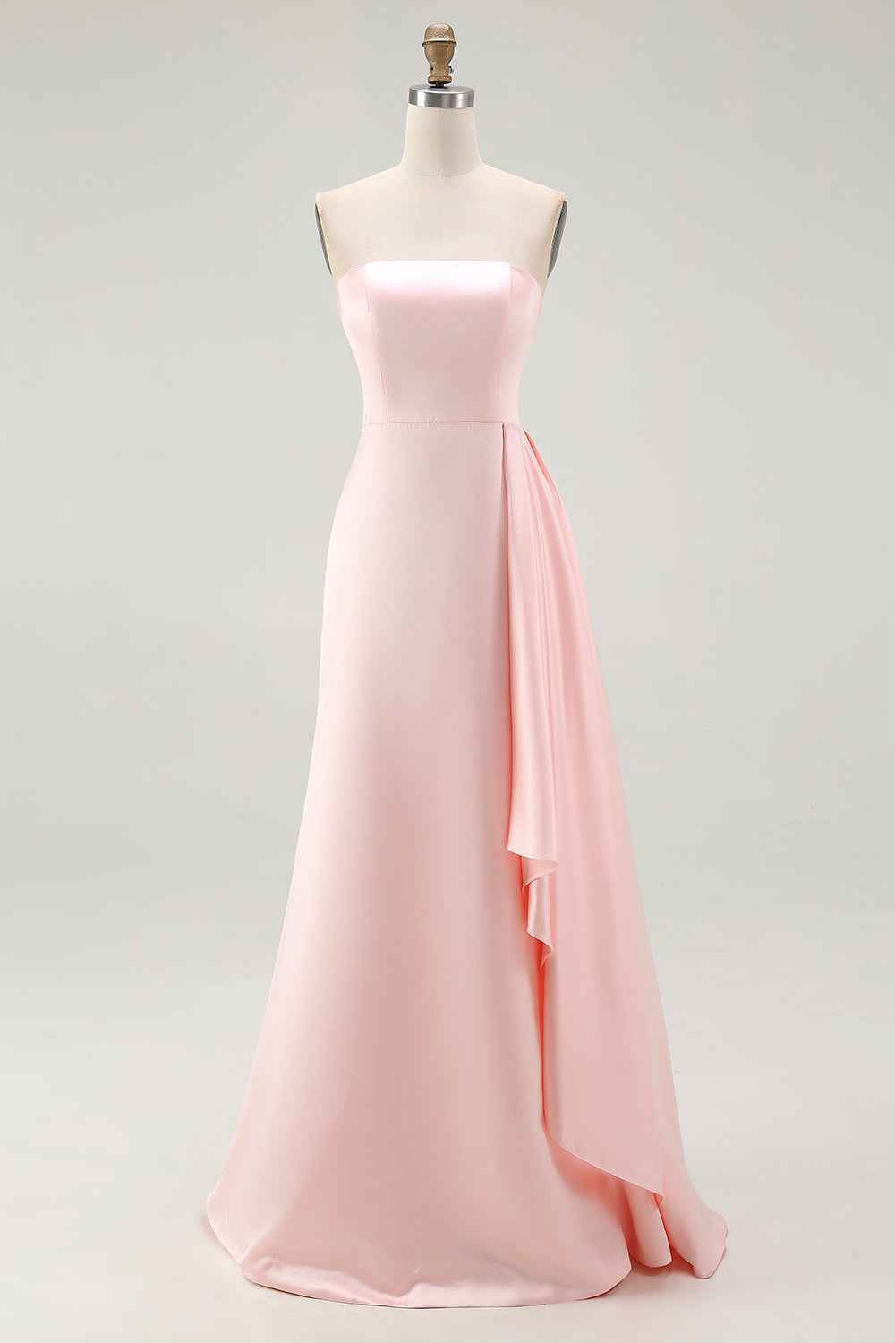 Pink Strapless Ruffled Sheath Long Satin Prom Dress