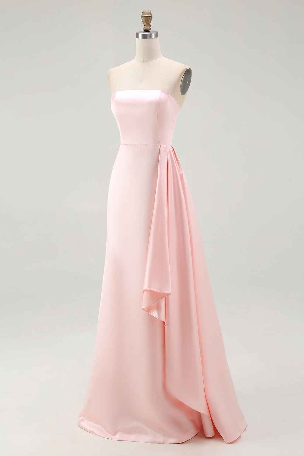 Pink Strapless Ruffled Sheath Long Satin Prom Dress