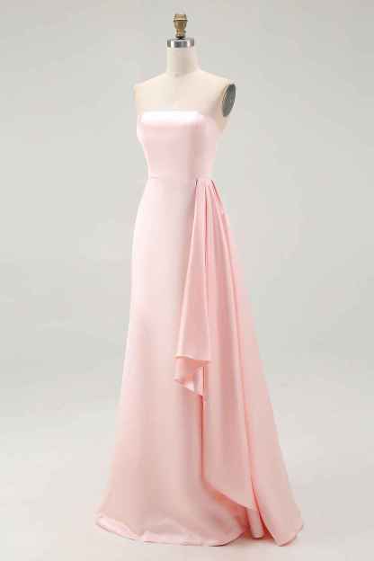Pink Strapless Ruffled Sheath Long Satin Prom Dress