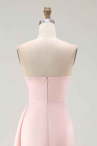 Pink Strapless Ruffled Sheath Long Satin Prom Dress