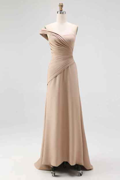 Light Khaki Ruched One Shoulder Sheath Long Satin Gala Dress