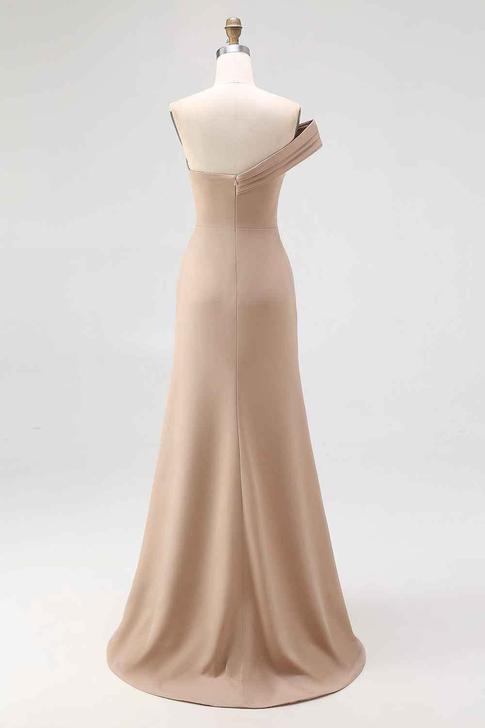 Light Khaki Ruched One Shoulder Sheath Long Satin Gala Dress