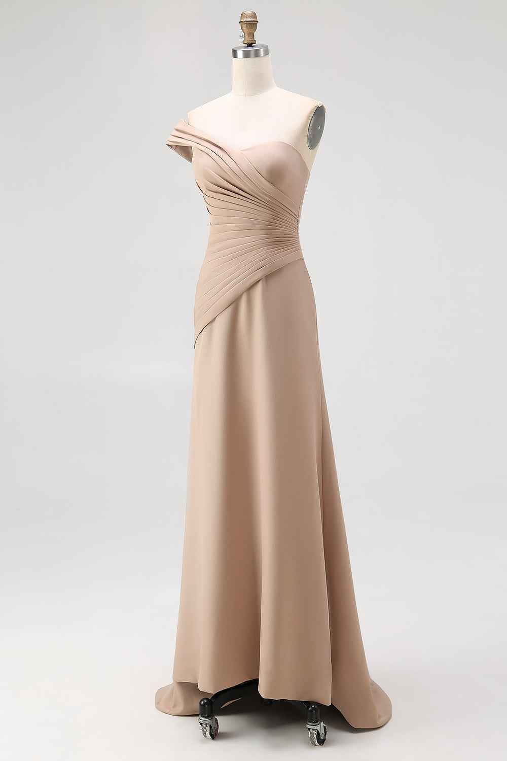 Light Khaki Ruched One Shoulder Sheath Long Satin Gala Dress