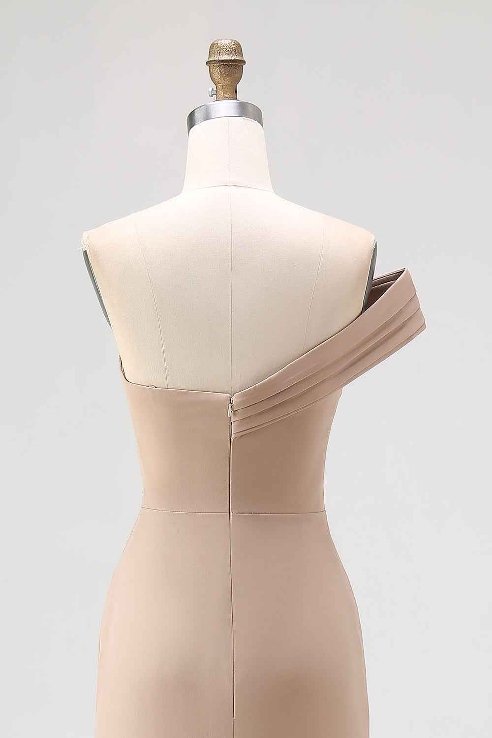 Light Khaki Ruched One Shoulder Sheath Long Satin Gala Dress