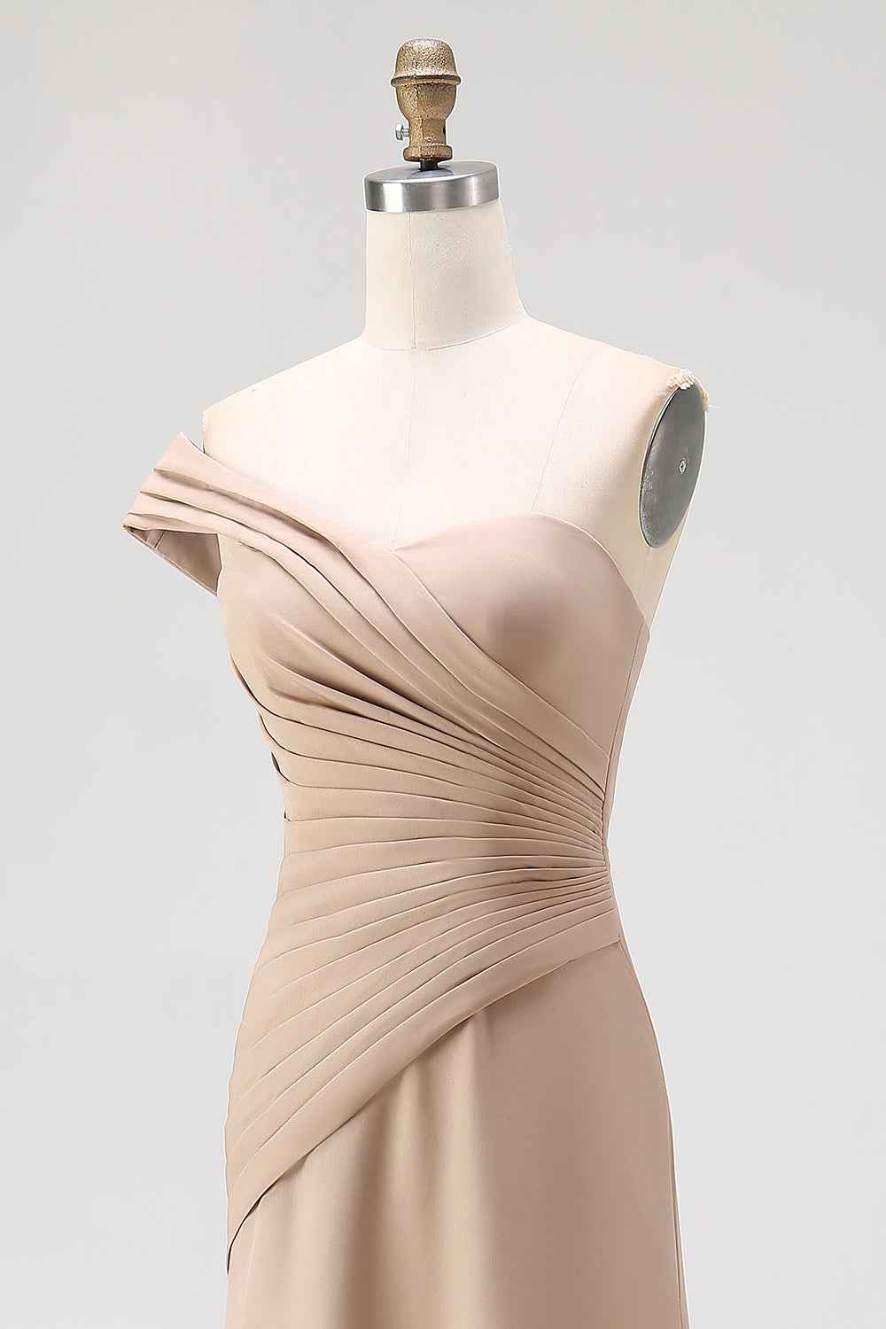 Light Khaki Ruched One Shoulder Sheath Long Satin Gala Dress