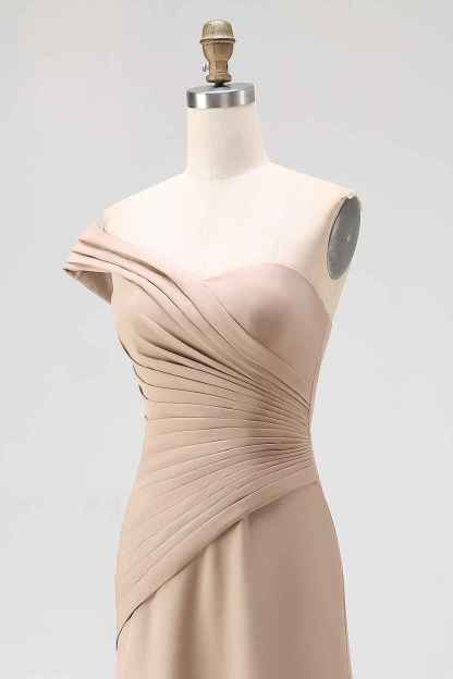 Light Khaki Ruched One Shoulder Sheath Long Satin Gala Dress