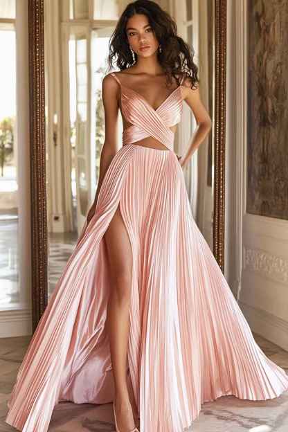 Pink A Line Pleated Spaghetti Straps Cut Out Long Prom Dress with Slit