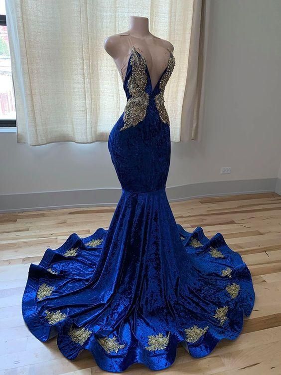 BMbridal Royal Blue Sleeveless Prom Dress Mermaid With Appliques-BMbridal