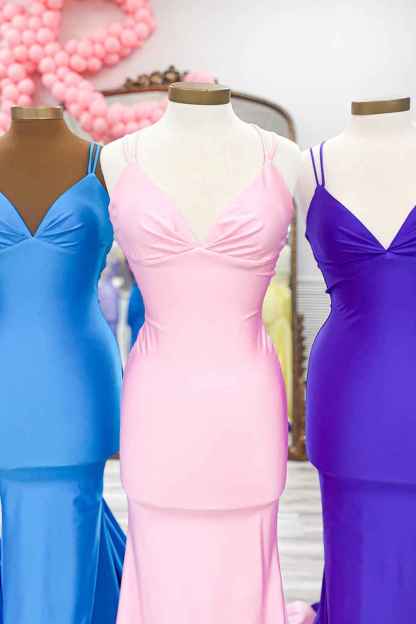 Elegant Blue Satin Spaghetti Straps Backless Deep V-Neck Long Mermaid Prom Dress