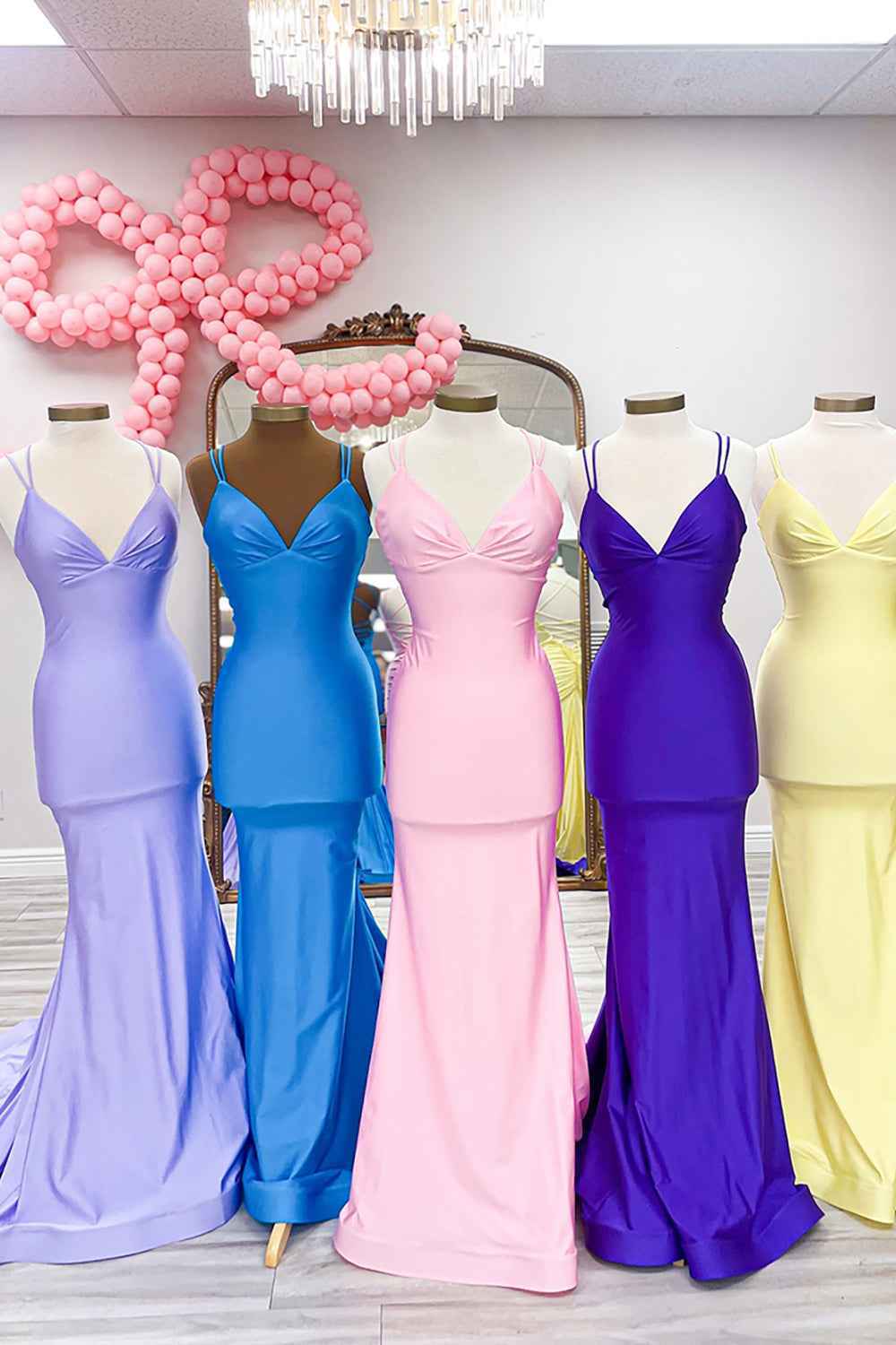Elegant Blue Satin Spaghetti Straps Backless Deep V-Neck Long Mermaid Prom Dress