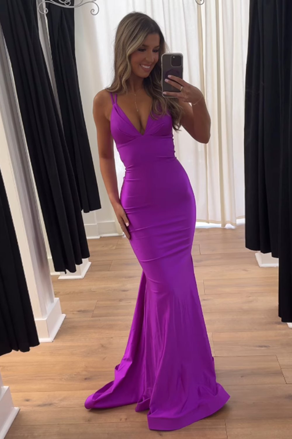 Elegant Blue Satin Spaghetti Straps Backless Deep V-Neck Long Mermaid Prom Dress