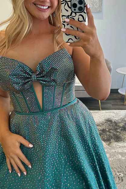 Sparkly White Sweetheart Beaded Princess Long Corset Prom Dress with Bow