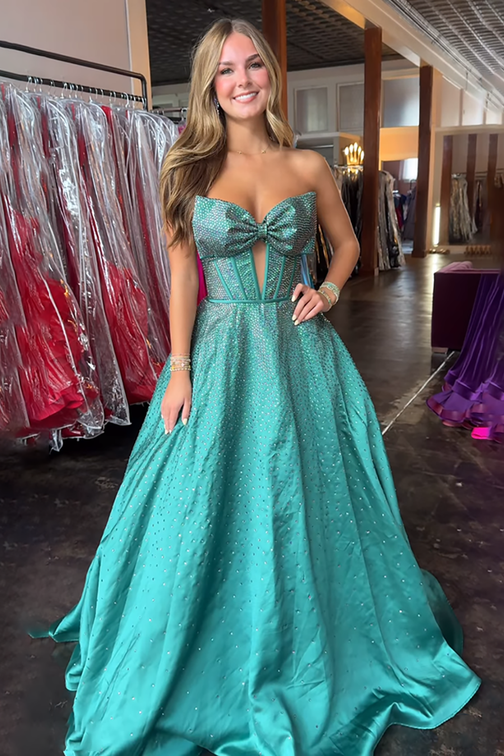 Sparkly White Sweetheart Beaded Princess Long Corset Prom Dress with Bow