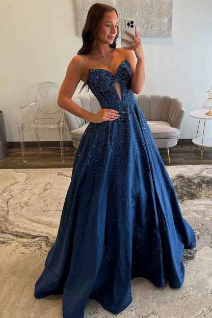 Sparkly White Sweetheart Beaded Princess Long Corset Prom Dress with Bow