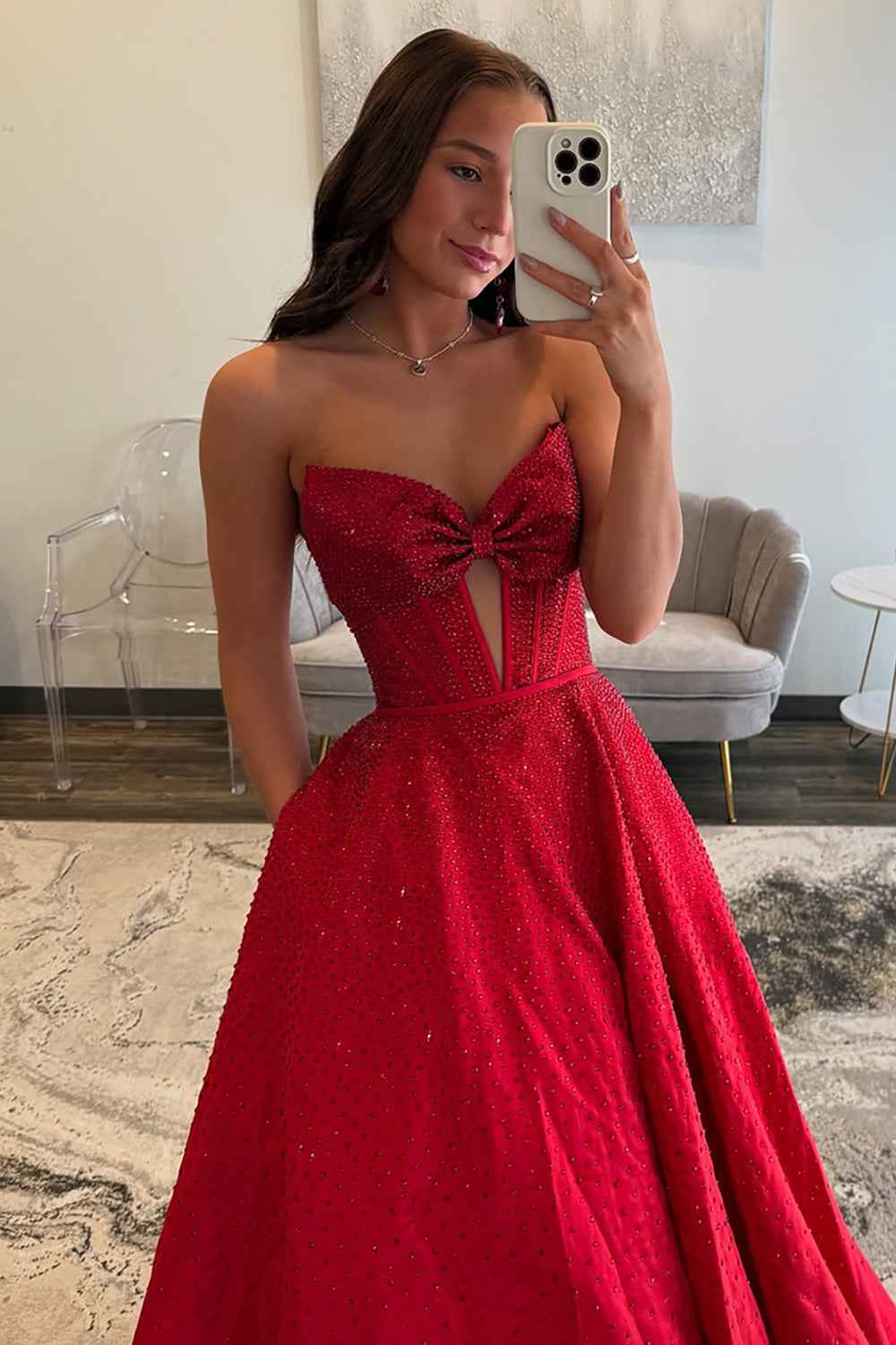 Sparkly White Sweetheart Beaded Princess Long Corset Prom Dress with Bow