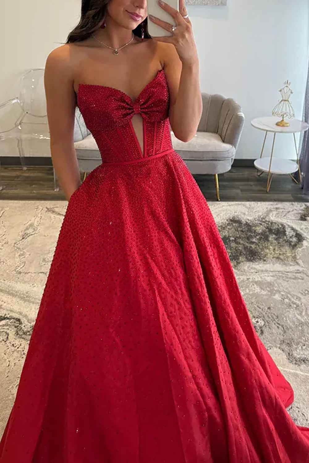 Sparkly White Sweetheart Beaded Princess Long Corset Prom Dress with Bow