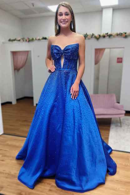 Sparkly White Sweetheart Beaded Princess Long Corset Prom Dress with Bow