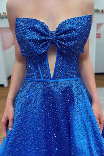 Sparkly White Sweetheart Beaded Princess Long Corset Prom Dress with Bow