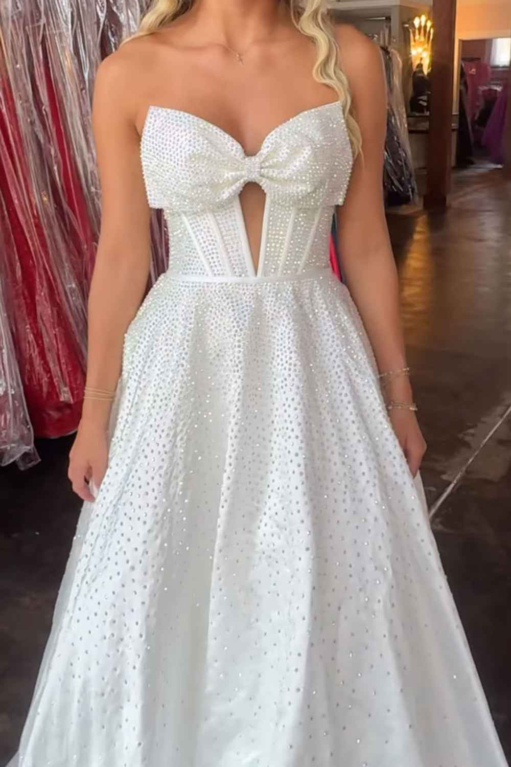 Sparkly White Sweetheart Beaded Princess Long Corset Prom Dress with Bow