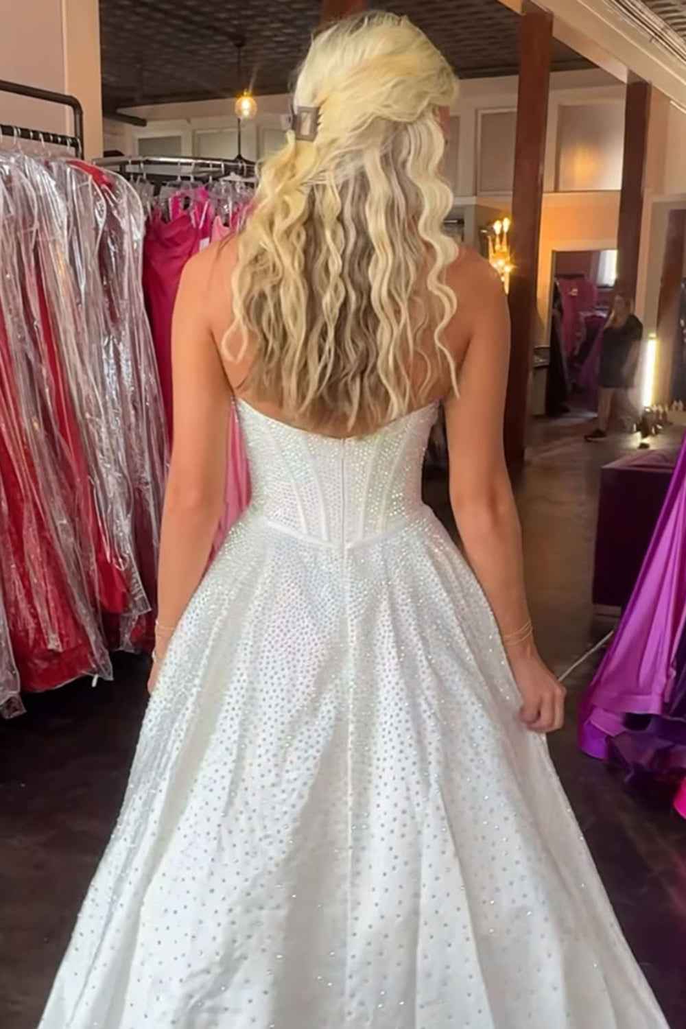 Sparkly White Sweetheart Beaded Princess Long Corset Prom Dress with Bow