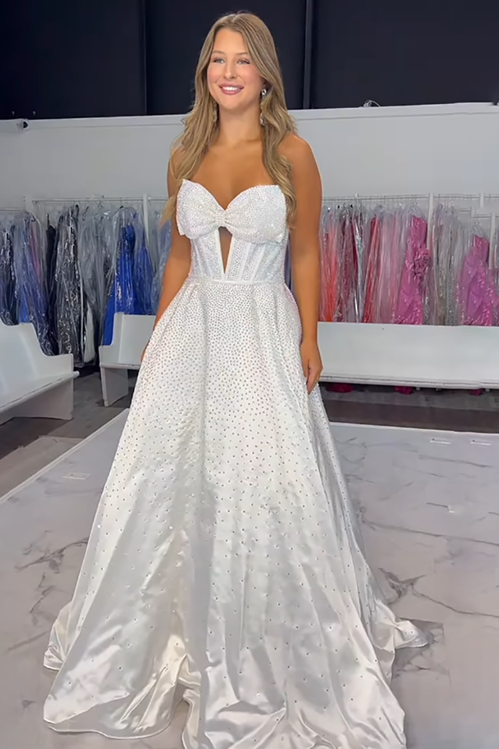 Sparkly White Sweetheart Beaded Princess Long Corset Prom Dress with Bow