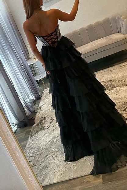 Navy Sparkly Strapless Corset A Line Long Chiffon Prom Dress