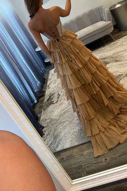 Navy Sparkly Strapless Corset A Line Long Chiffon Prom Dress