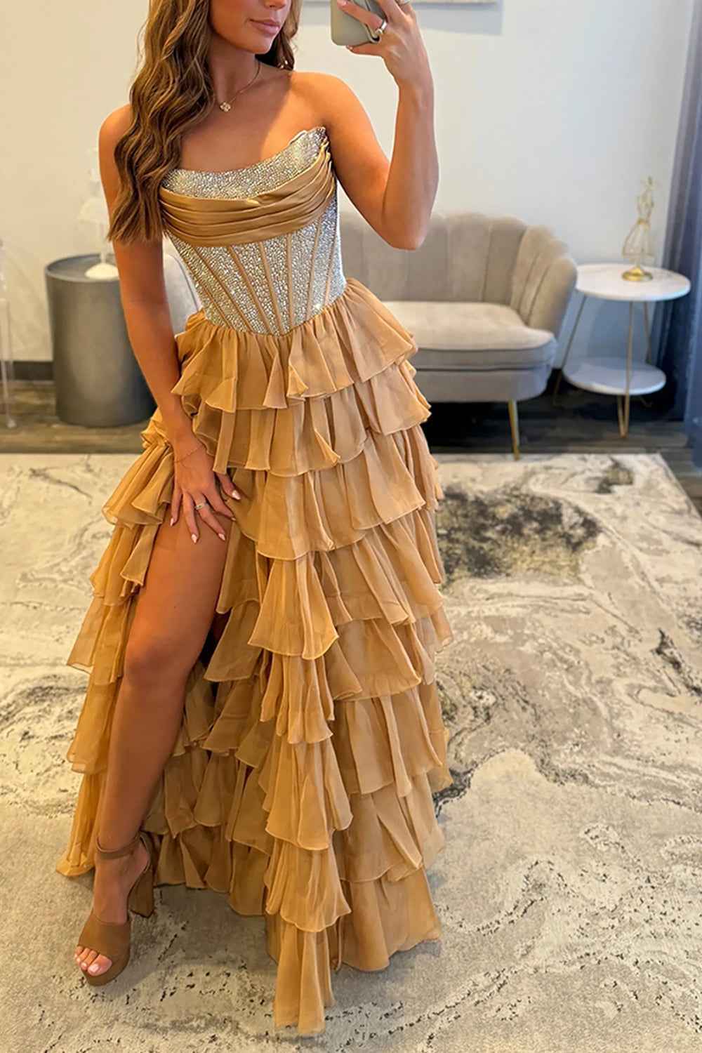 Navy Sparkly Strapless Corset A Line Long Chiffon Prom Dress