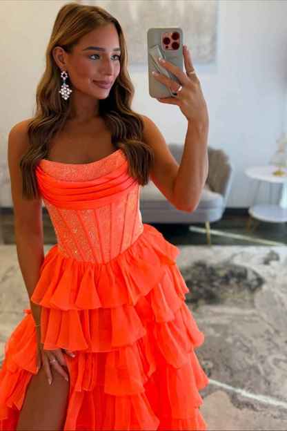 Navy Sparkly Strapless Corset A Line Long Chiffon Prom Dress