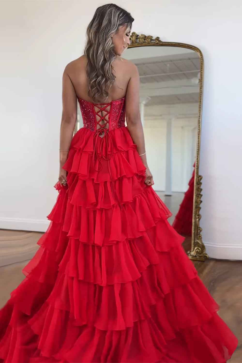 Navy Sparkly Strapless Corset A Line Long Chiffon Prom Dress