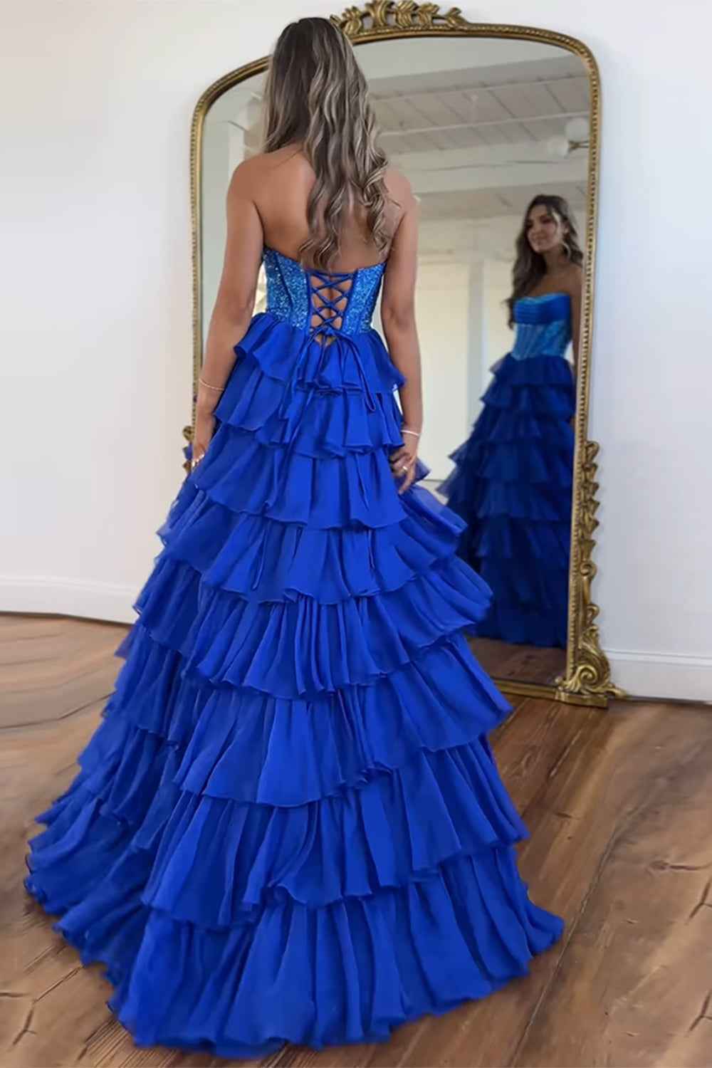 Navy Sparkly Strapless Corset A Line Long Chiffon Prom Dress