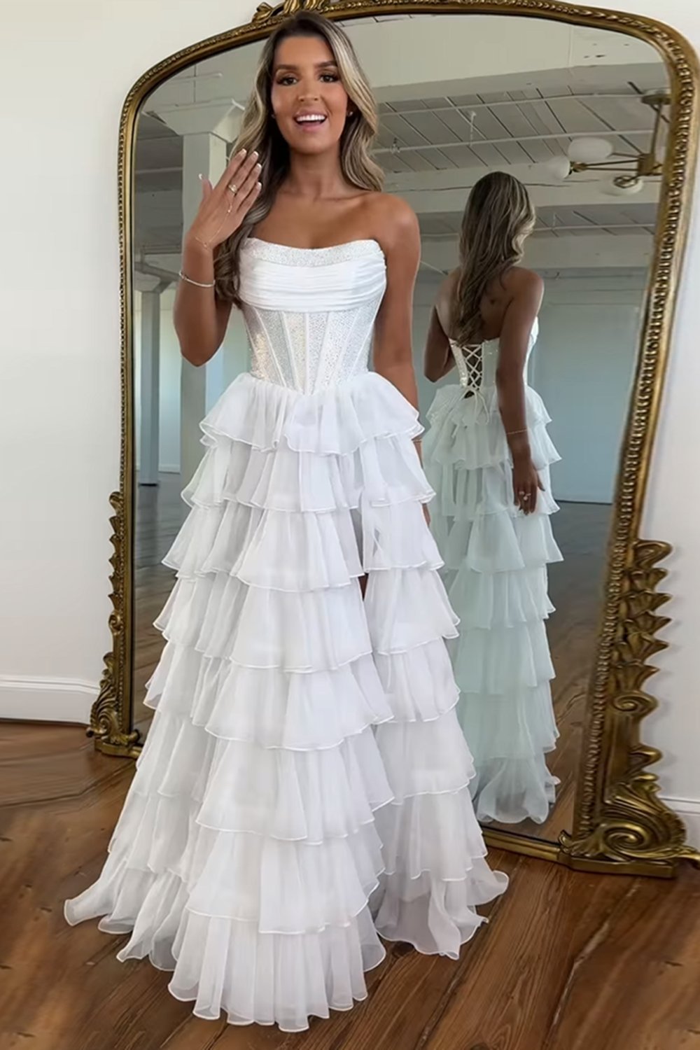 Navy Sparkly Strapless Corset A Line Long Chiffon Prom Dress