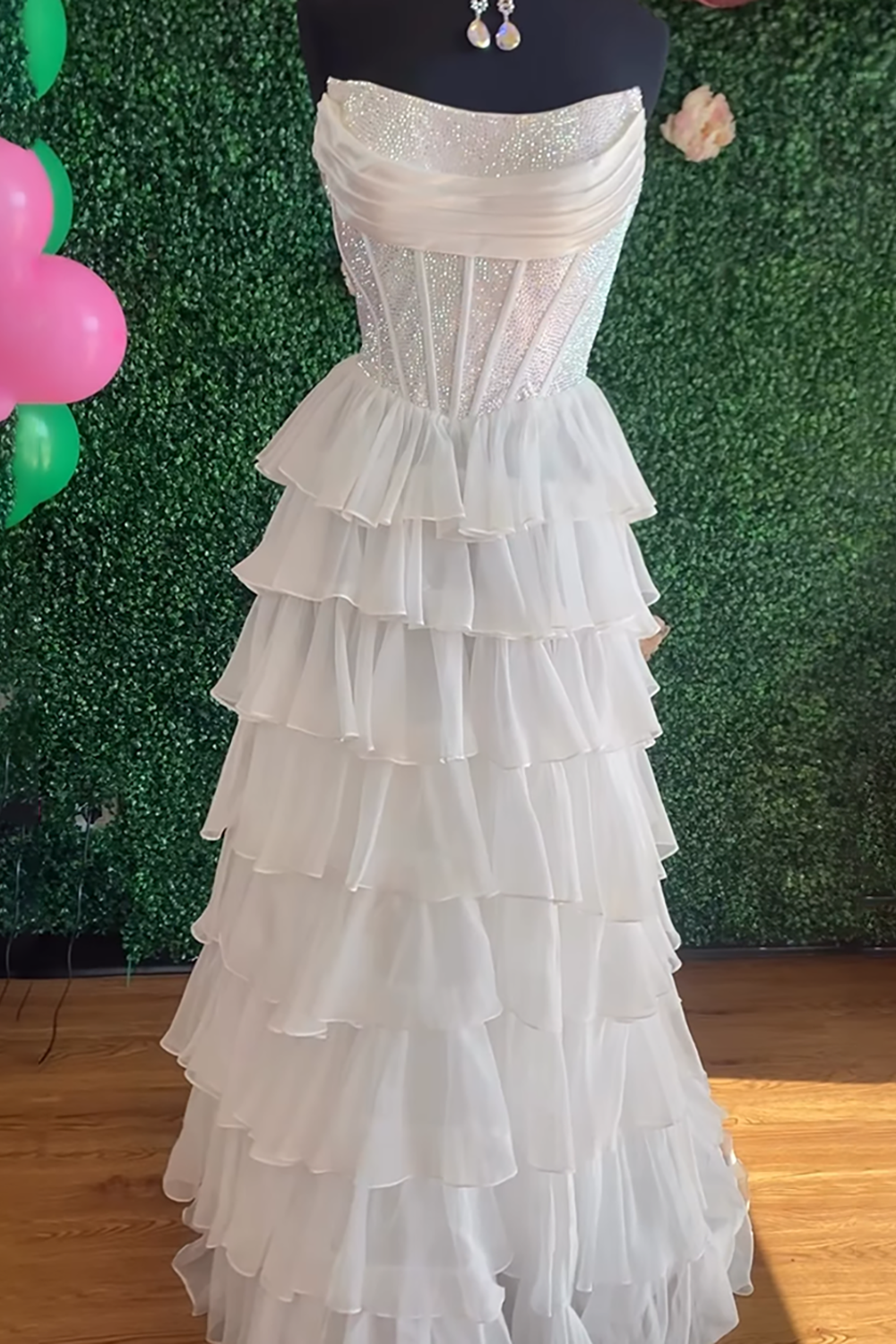 Navy Sparkly Strapless Corset A Line Long Chiffon Prom Dress