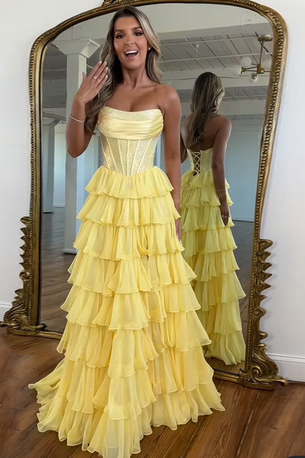 Navy Sparkly Strapless Corset A Line Long Chiffon Prom Dress