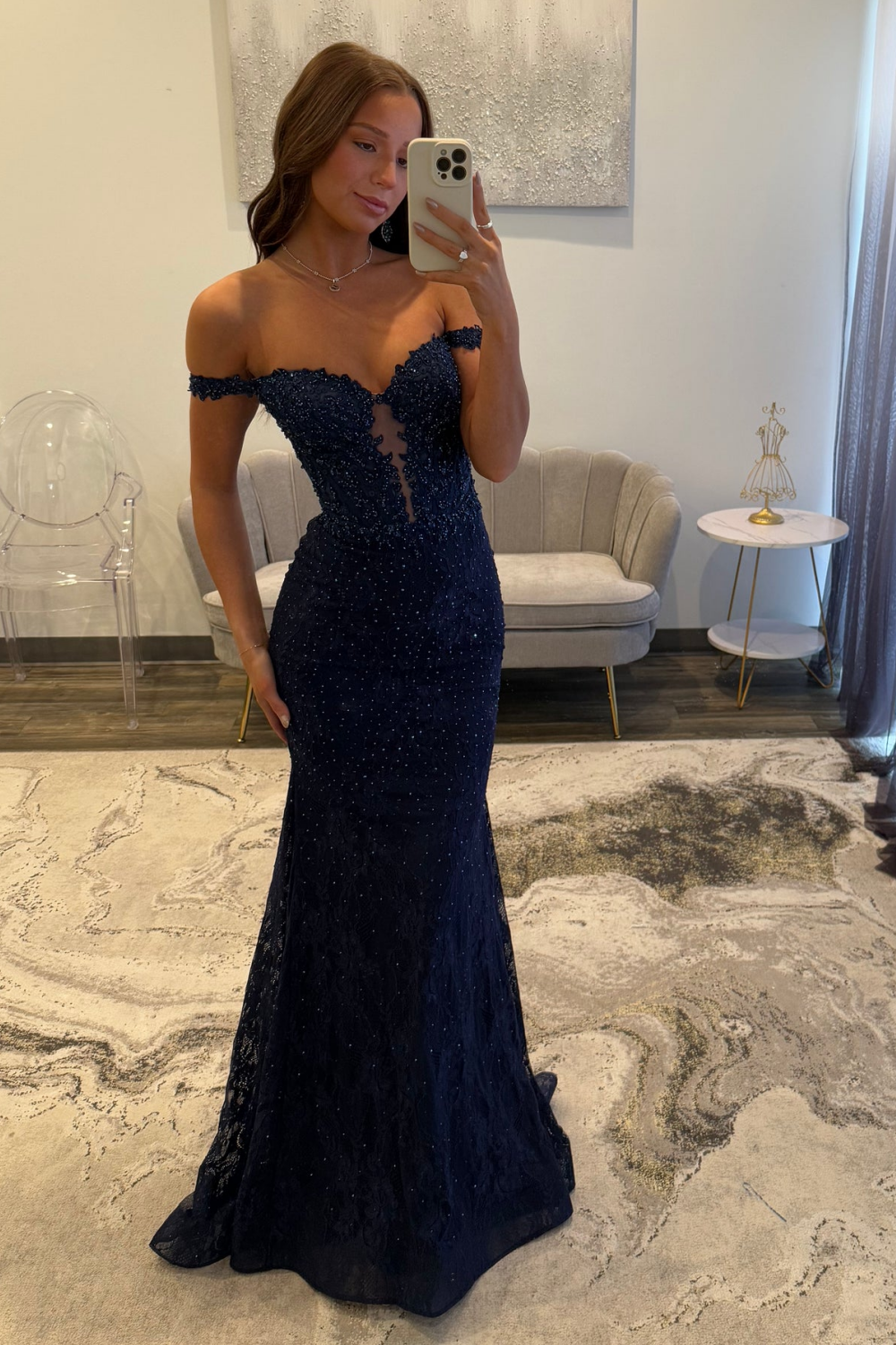 Sparkly Off the Shoulder Navy Mermaid Corset Long Lace Prom Dress