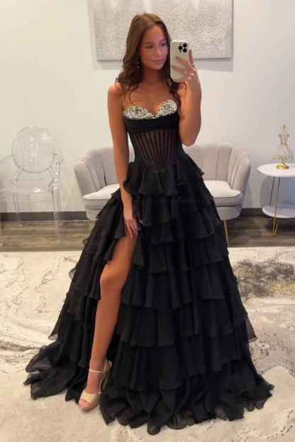 Black A Line Tiered Sweetheart Long Corset Prom Dress with Slit