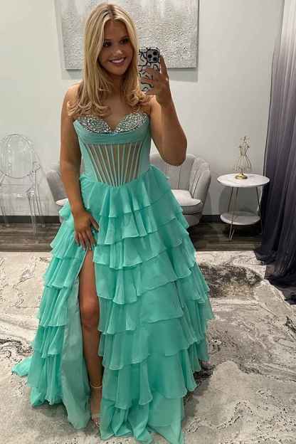 Black A Line Tiered Sweetheart Long Corset Prom Dress with Slit