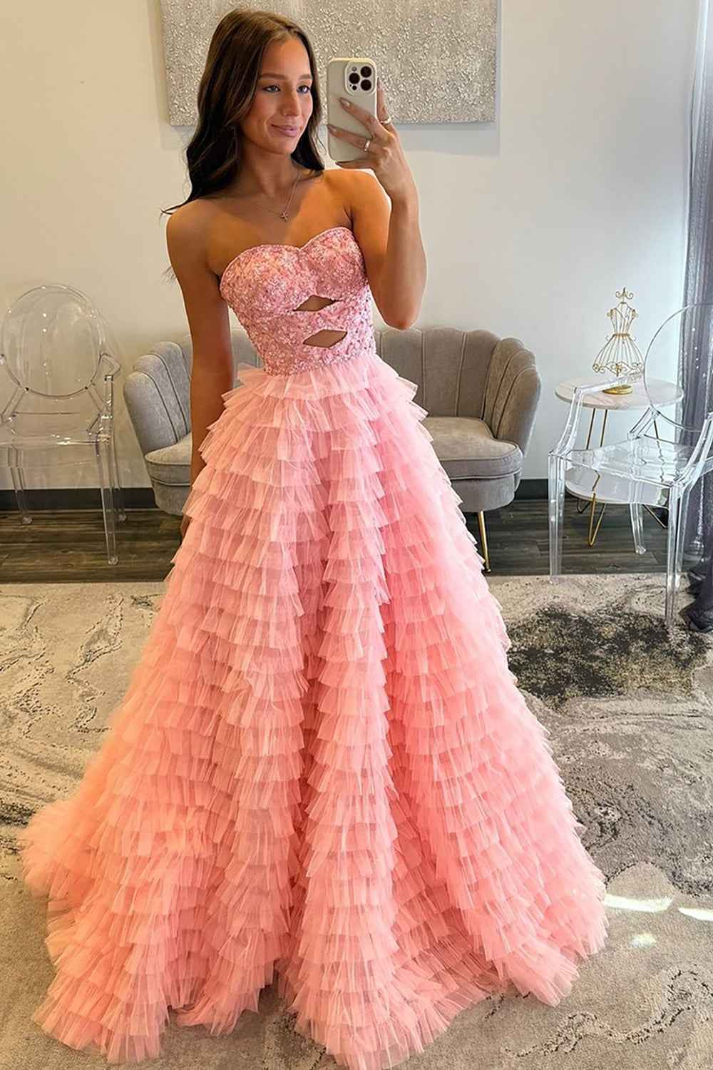 Pink Strapless Ball Gown Tiered Long Tulle Prom Dress