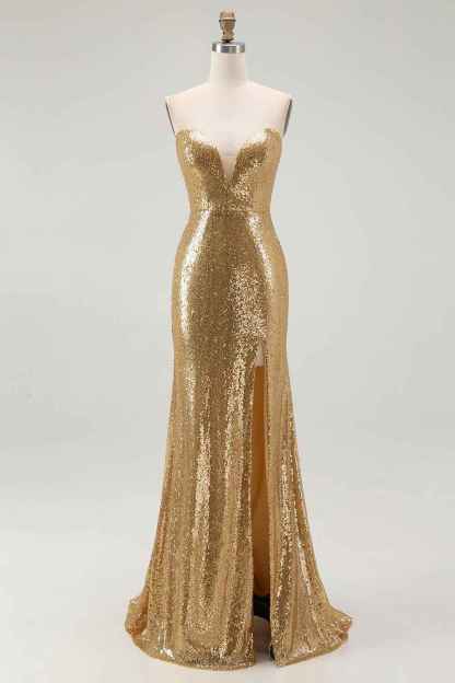 Sparkly Gold Sequins Mermaid Strapless Long Formal Dress with Slit