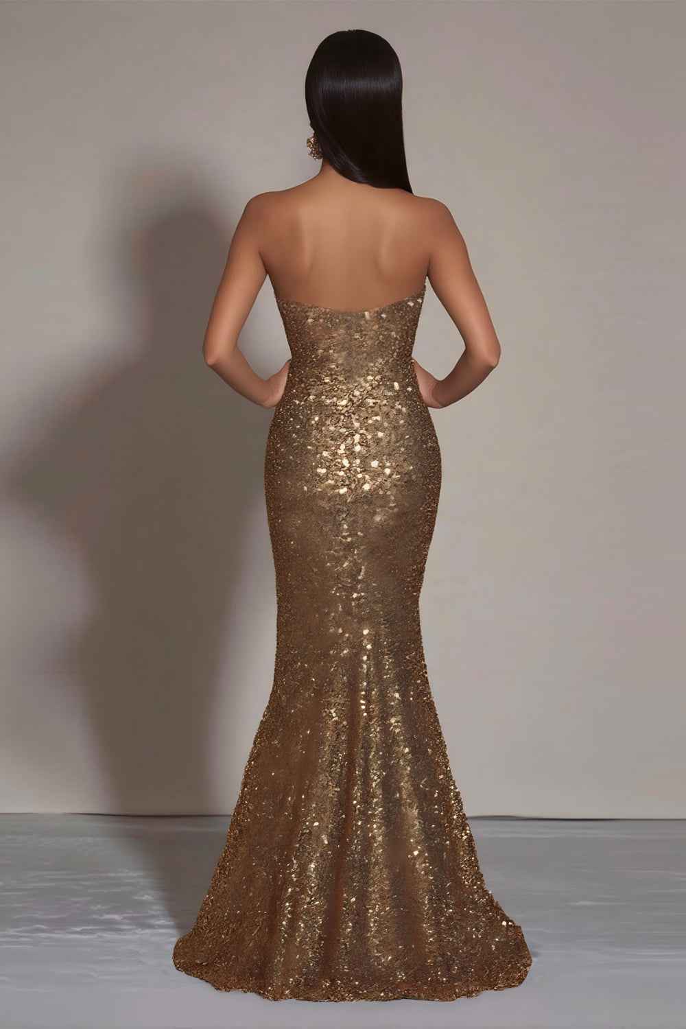 Sparkly Gold Sequins Mermaid Strapless Long Formal Dress with Slit