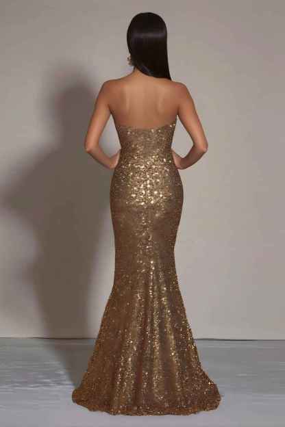 Sparkly Gold Sequins Mermaid Strapless Long Formal Dress with Slit