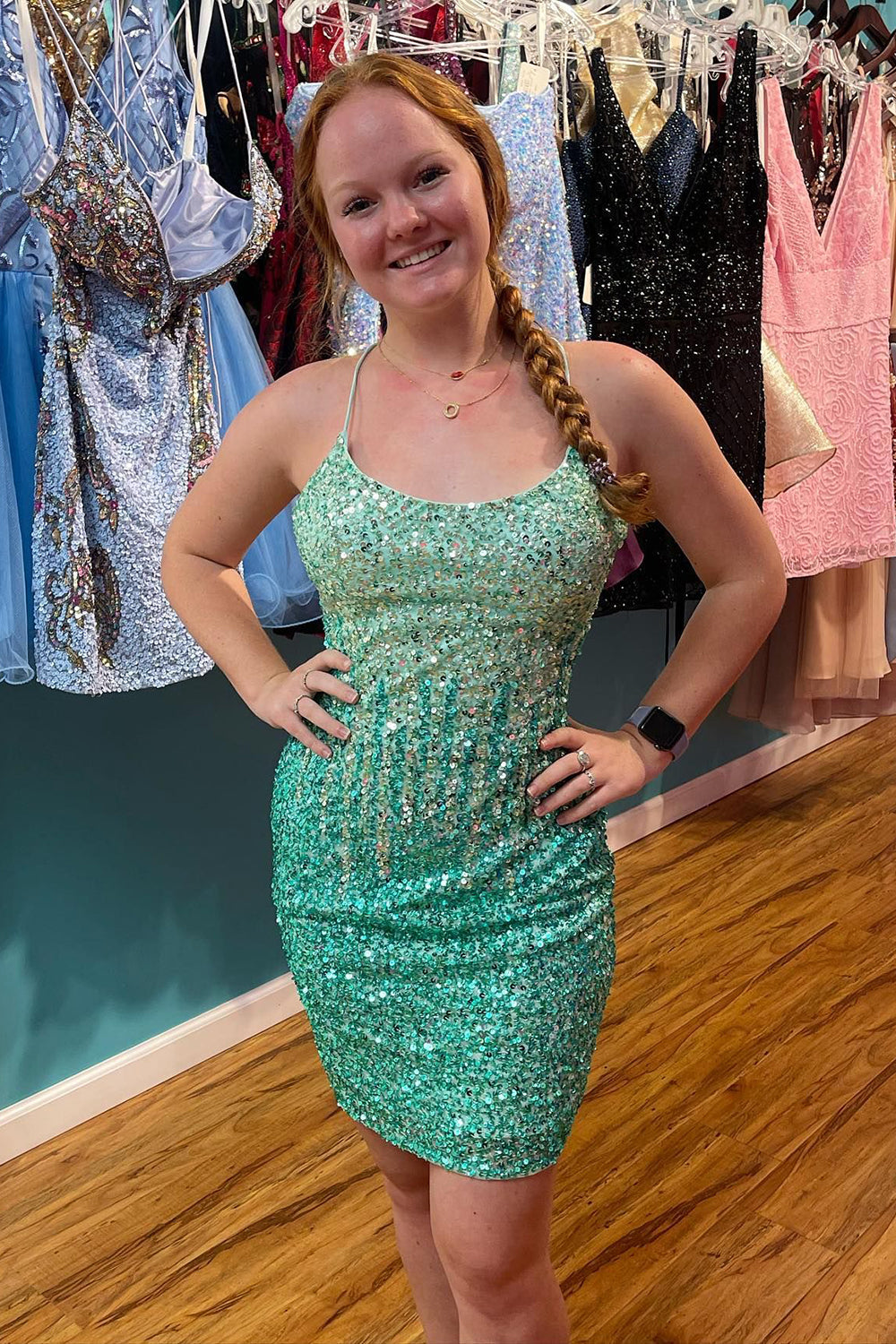Sparkly Green Sequins Lace-Up Back Tight Homecoming Dress-BMbridal